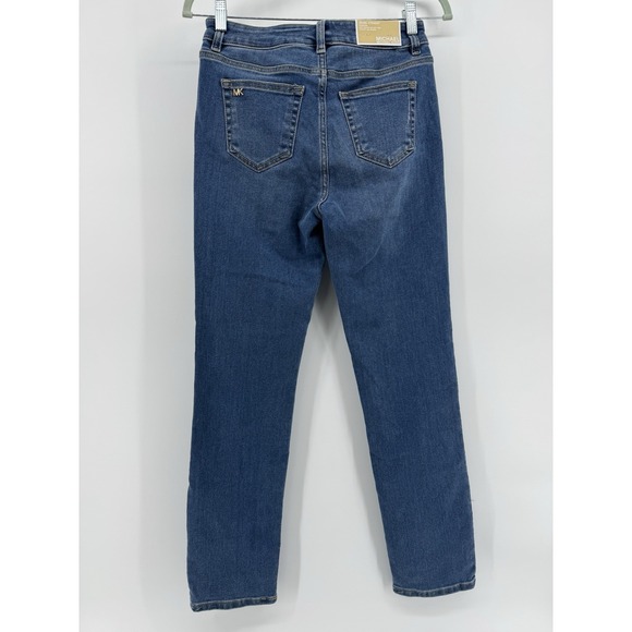 Michael Kors Selma Straight Blue Jeans Denim Gold Logo High Rise Slim Size 2 NWT - Picture 3 of 16